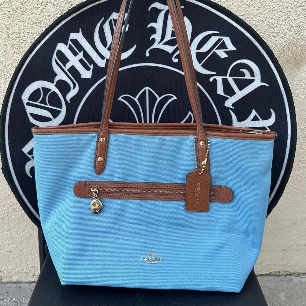 Coach Nylon Gallery Tote in Light Blue with Saddle Leather Trim